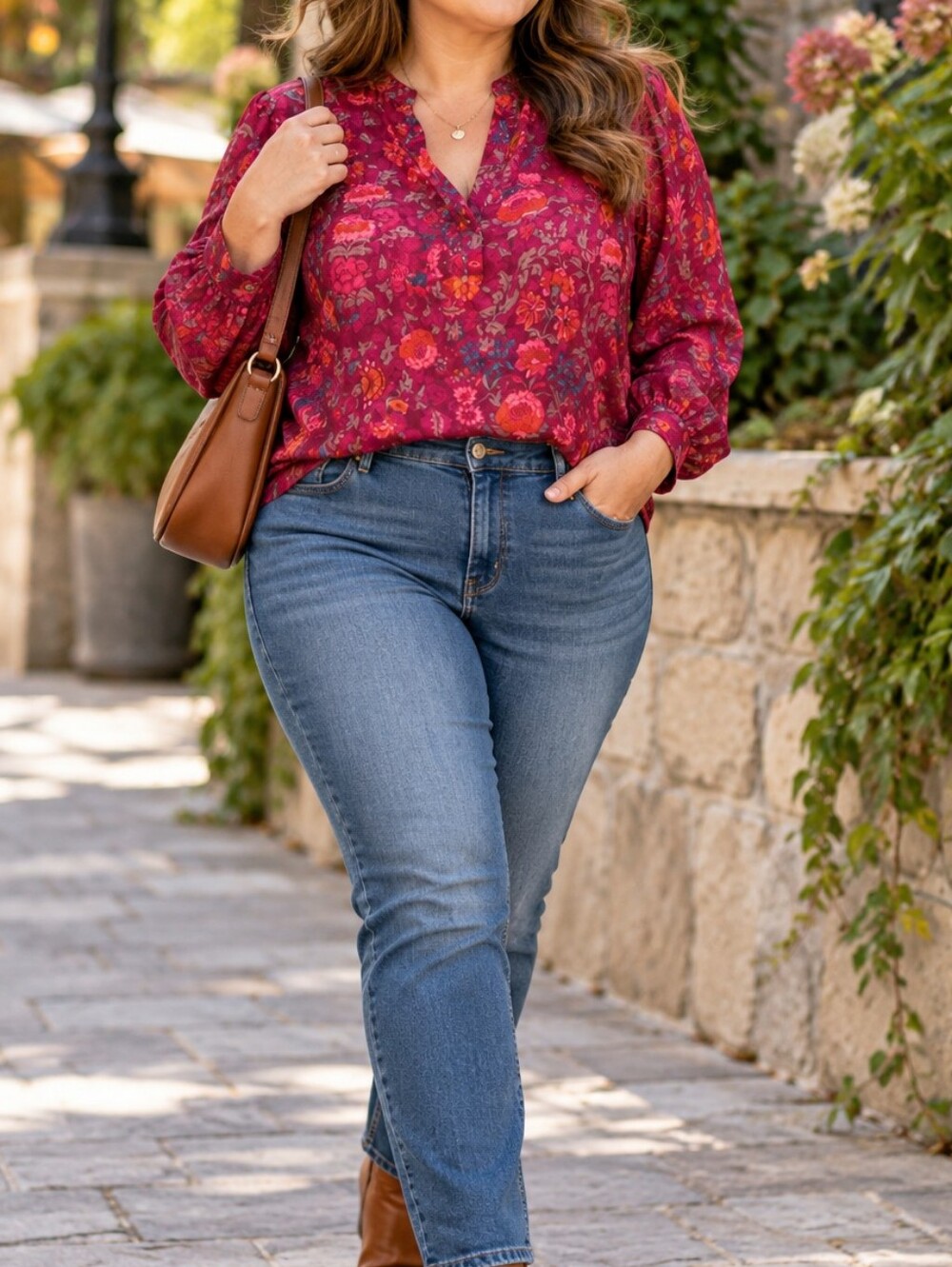 Lauren Ralph Lauren Magenta Pink Rose Floral Split V-Neck Sheer Blouse Casual
